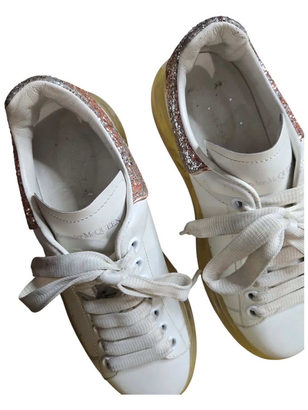 Alexander McQueen Oversized White Leather Glitter Heel Sneakers